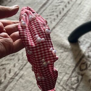 Red Gingham Headband with hidden Mickey Pearls
